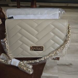 Bebe Beige Quilted Crossbody Bag with Gold Chain